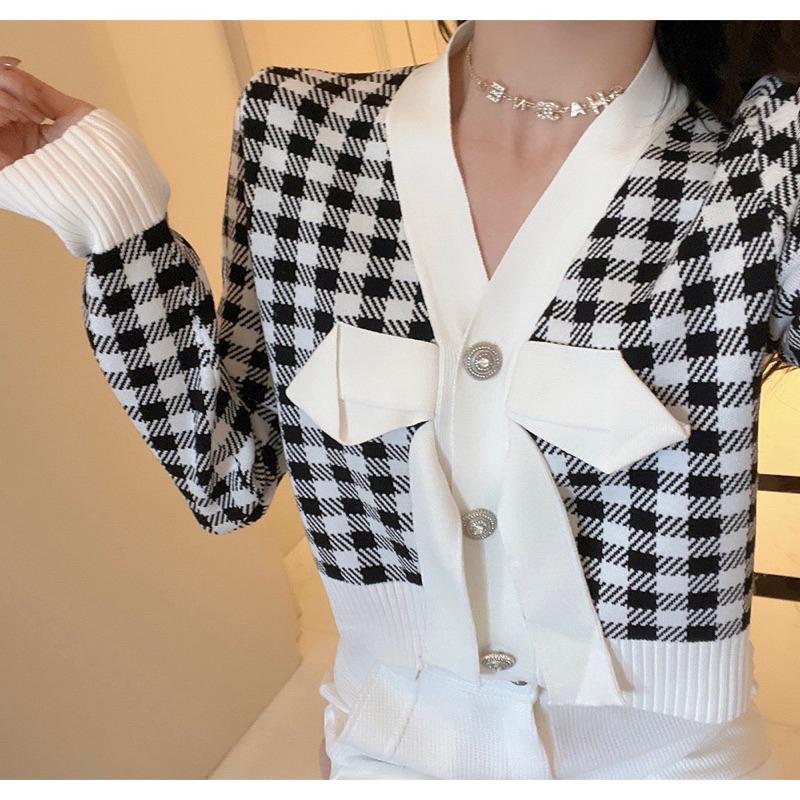 YAN台灣女裝現貨 格紋蝴蝶結外套 針織上衣 排扣上衣 彩色方塊 ootd aifei-細節圖2