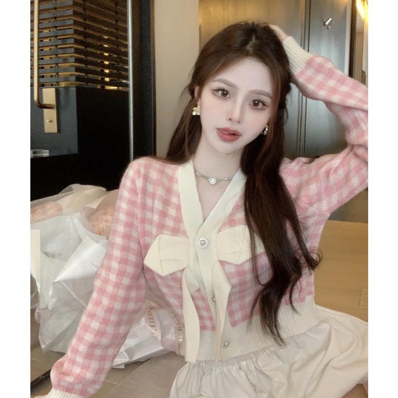 YAN台灣女裝現貨 格紋蝴蝶結外套 針織上衣 排扣上衣 彩色方塊 ootd aifei-細節圖4