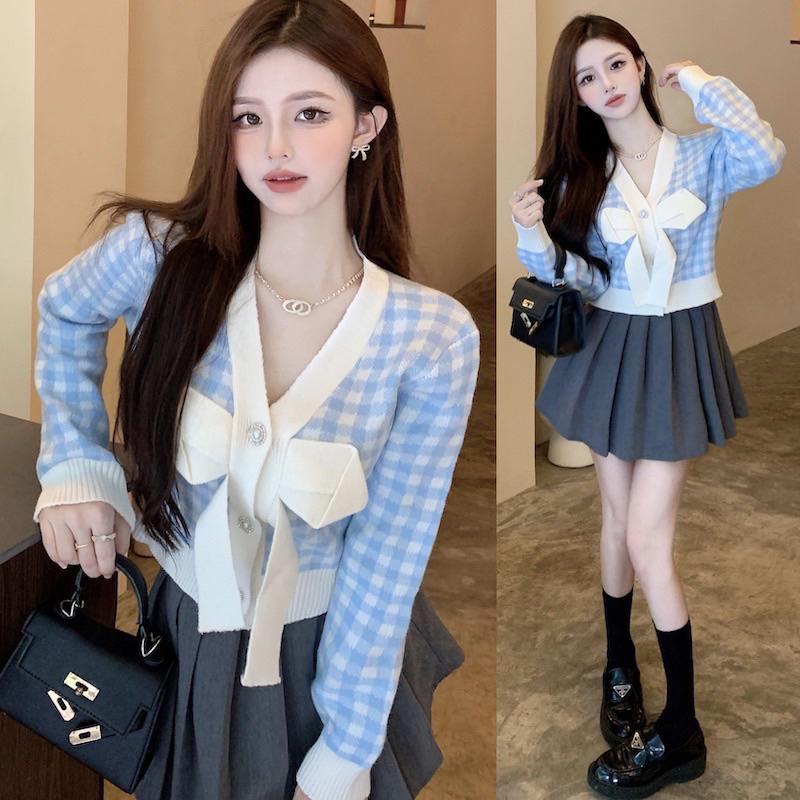 YAN台灣女裝現貨 格紋蝴蝶結外套 針織上衣 排扣上衣 彩色方塊 ootd aifei-細節圖5