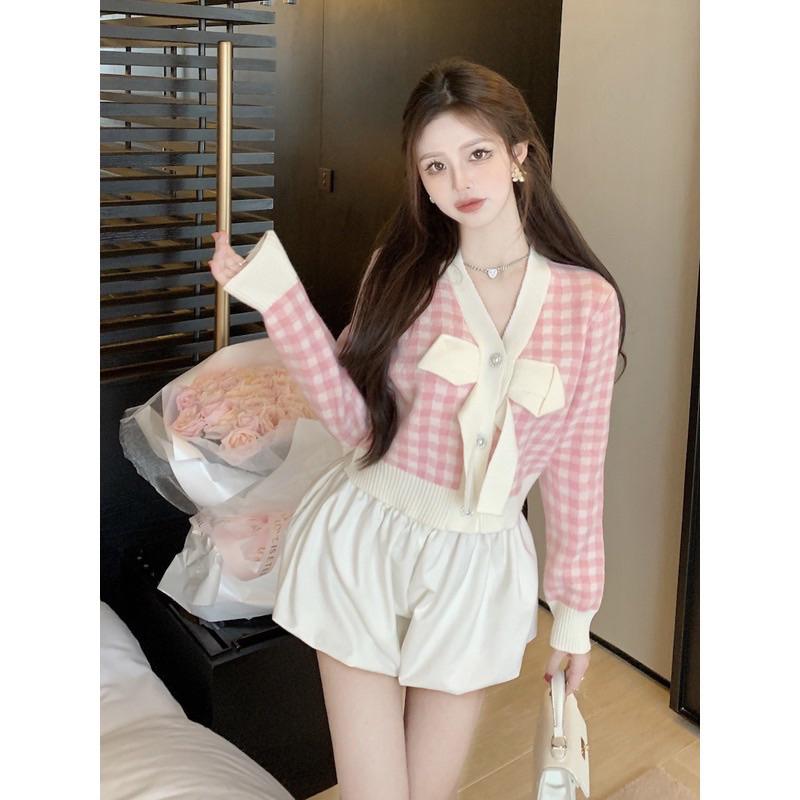 YAN台灣女裝現貨 格紋蝴蝶結外套 針織上衣 排扣上衣 彩色方塊 ootd aifei-細節圖6