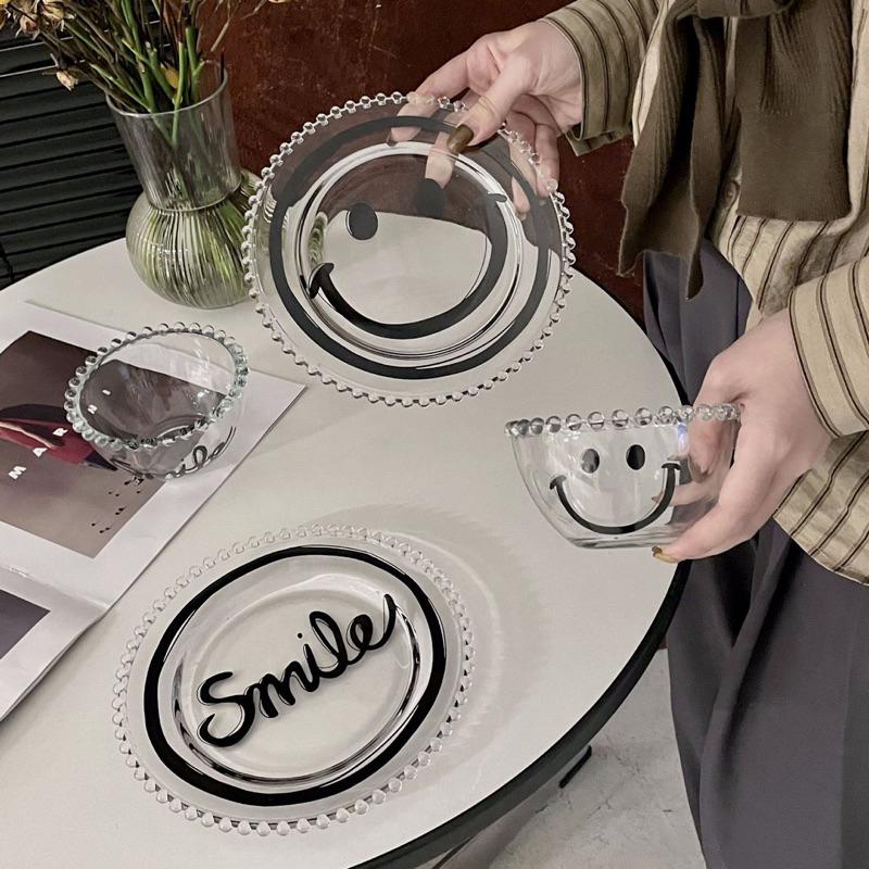 ins風珍珠邊笑臉甜點碗簡約透明水果玻璃盤甜點碗餐具首飾盤-細節圖2