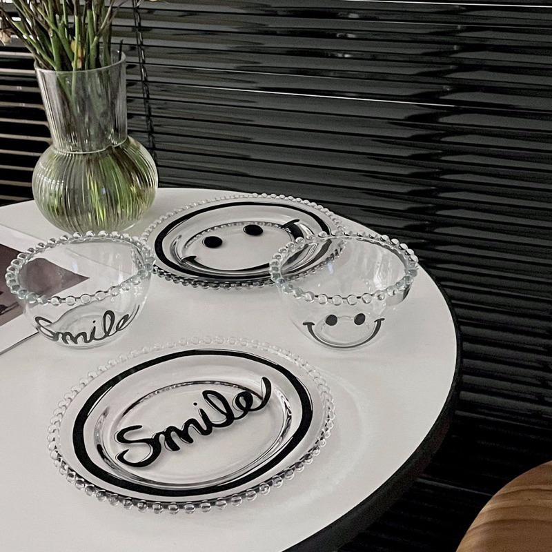 ins風珍珠邊笑臉甜點碗簡約透明水果玻璃盤甜點碗餐具首飾盤-細節圖3