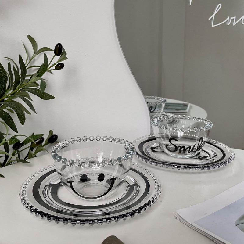 ins風珍珠邊笑臉甜點碗簡約透明水果玻璃盤甜點碗餐具首飾盤-細節圖4