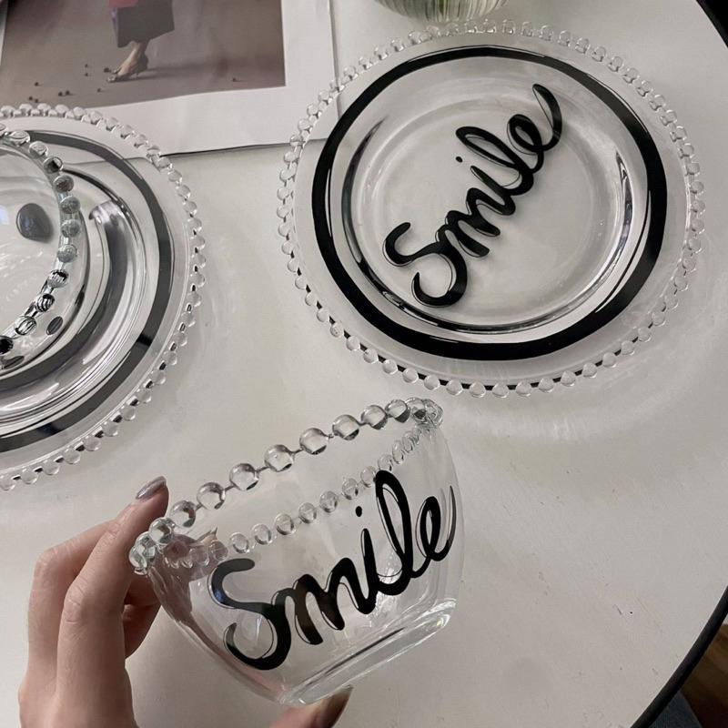 ins風珍珠邊笑臉甜點碗簡約透明水果玻璃盤甜點碗餐具首飾盤-細節圖5