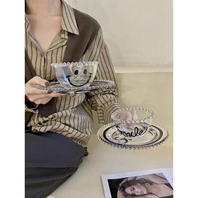 ins風珍珠邊笑臉甜點碗簡約透明水果玻璃盤甜點碗餐具首飾盤-細節圖6