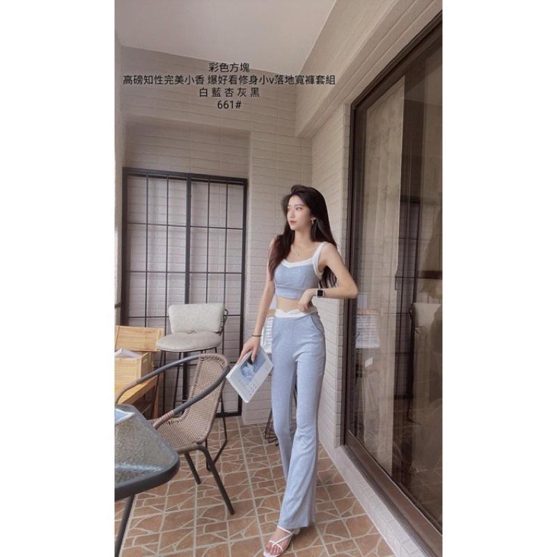 YAN女裝現貨！高磅知性完美小香 爆好看修身小v落地寬褲套組 百搭 休閒 簡約 配色 彩色方塊 ootd aifei-細節圖2