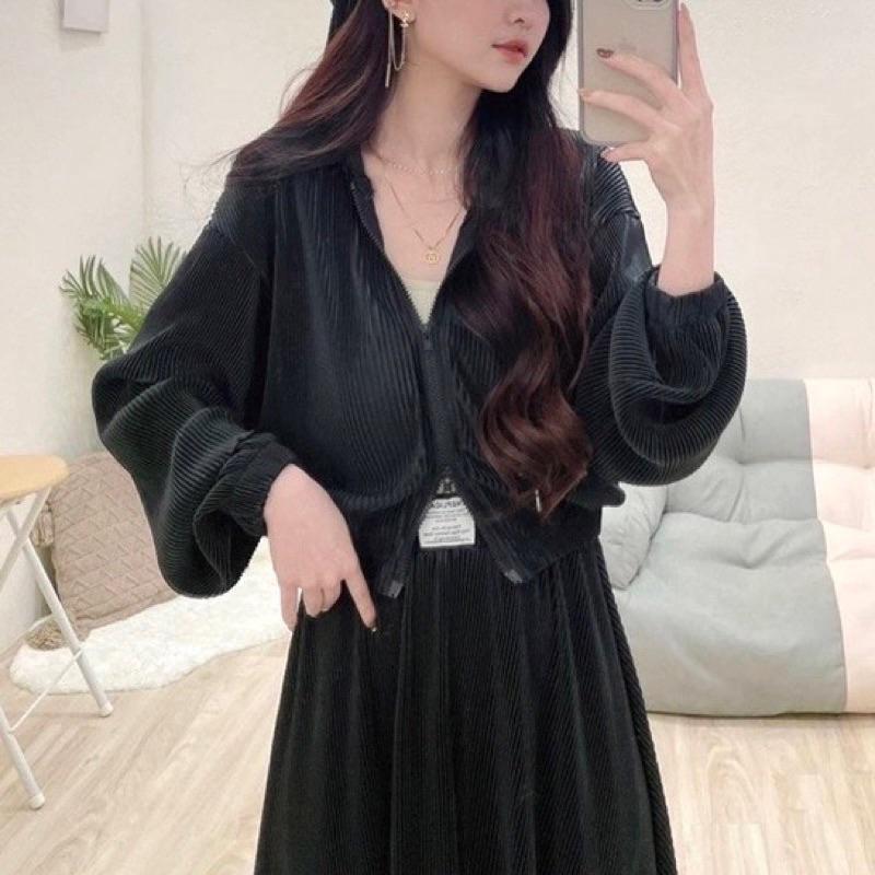 YAN女裝現貨！壓摺連帽外套長裙套裝 百搭 簡約 素面 韓國 休閒 套裝-細節圖2