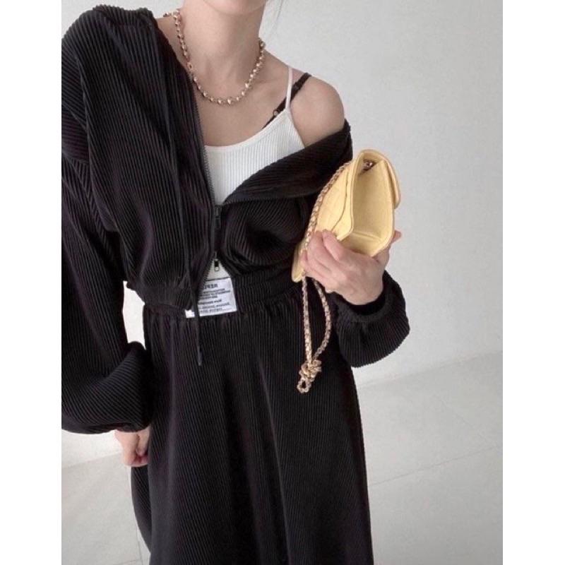 YAN女裝現貨！壓摺連帽外套長裙套裝 百搭 簡約 素面 韓國 休閒 套裝-細節圖3