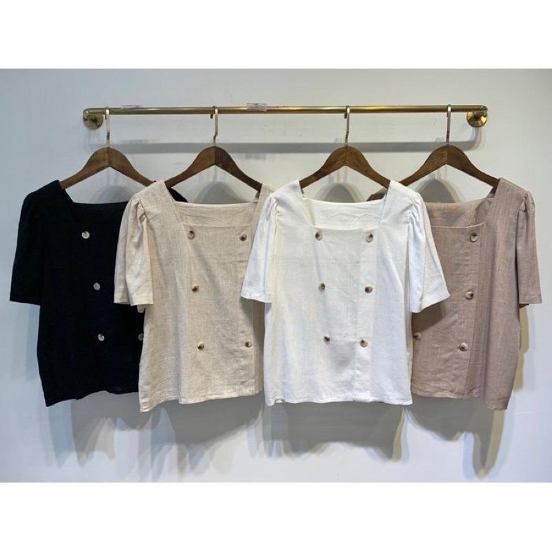 YAN台灣女裝現貨 雙排扣短袖雪紡上衣 造型 簡約 素面 彩色方塊 ootd aifei-細節圖2