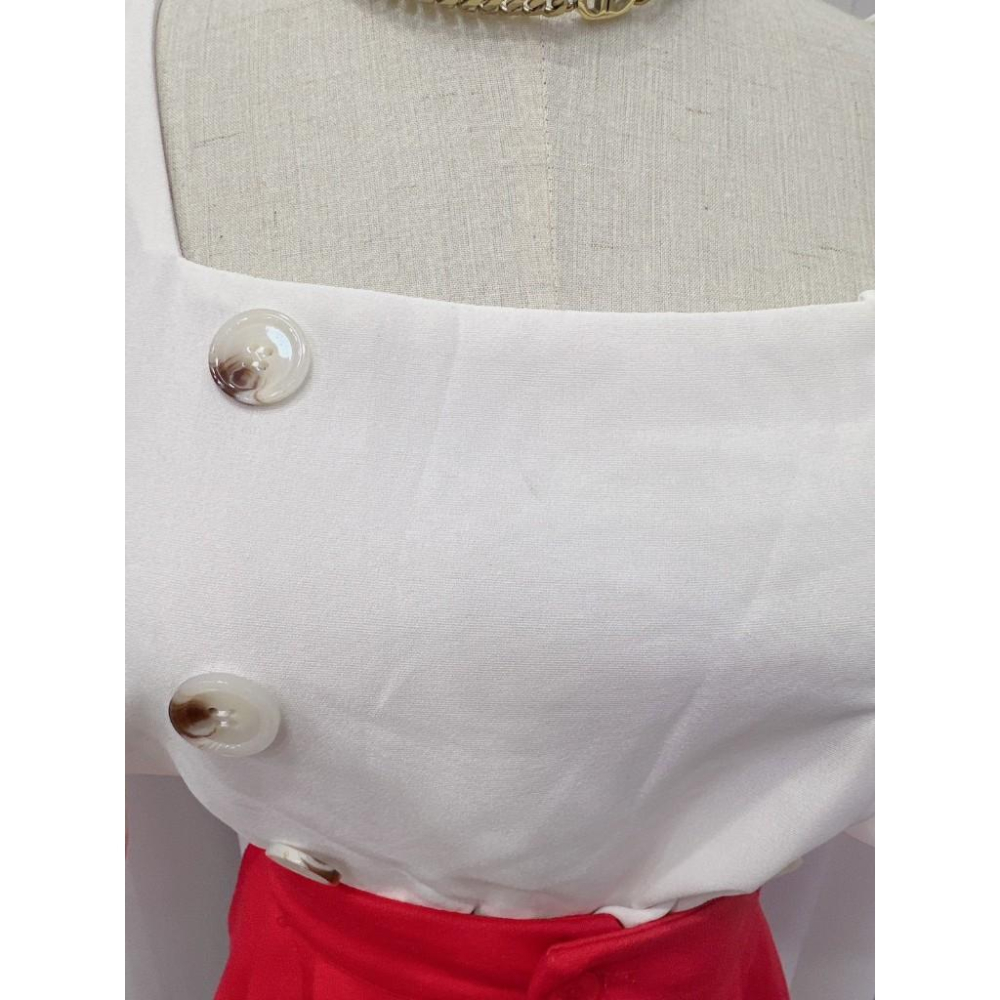 YAN台灣女裝現貨 雙排扣短袖雪紡上衣 造型 簡約 素面 彩色方塊 ootd aifei-細節圖3