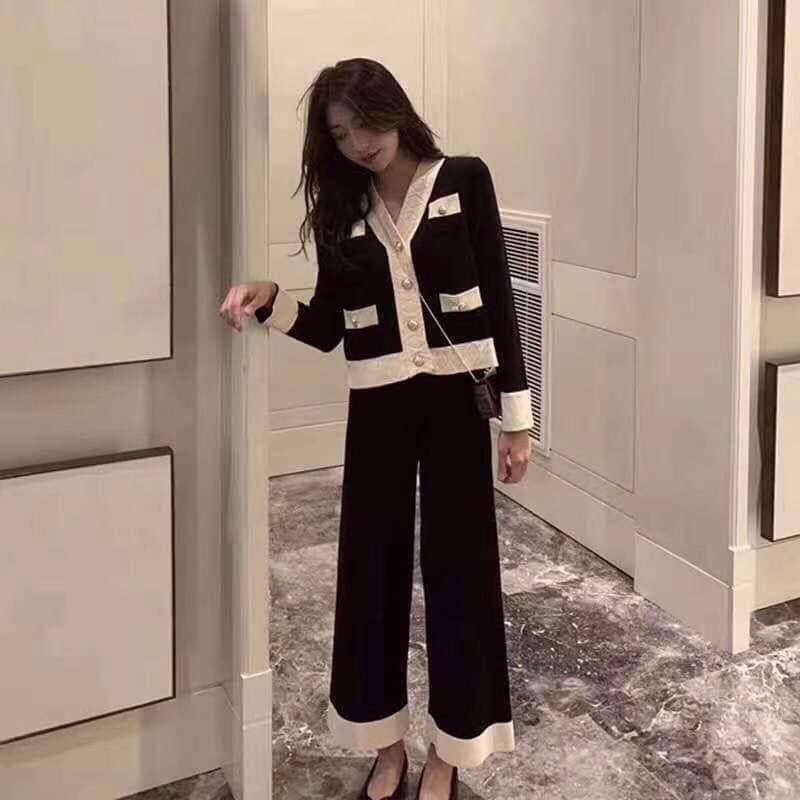 YAN女裝現貨實拍 小香風套裝 百搭 素面 休閒 氣質 兩件組 長褲套裝 寬褲套裝 休閒套裝-細節圖2