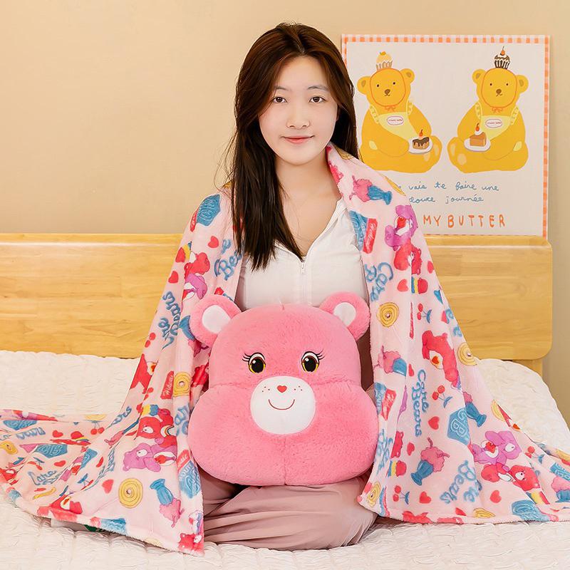 YAN女裝現貨 彩虹熊牆壁被玩偶跨境carebears小熊抱枕被手暖三合一彩虹熊毯子 抱枕 毛毯 毯子 可愛 棉被-細節圖7