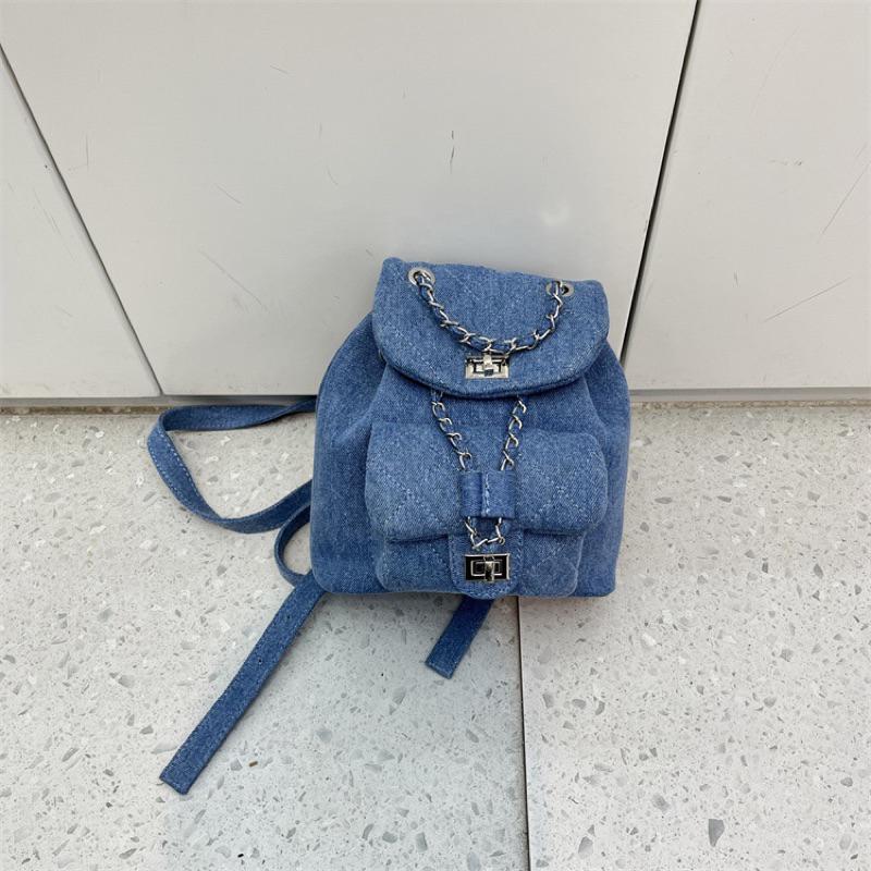 YAN女裝現貨 雅和小眾背包女百搭時尚今年流行牛仔布菱格鎖扣休閒繡線雙肩包 後背包 小背包 ootd aifei-細節圖5