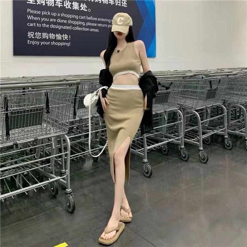 YAN女裝現貨！針織長裙套裝 百搭 素面休閒 長裙套裝 側開叉 顯瘦 基本款 彩色方塊 ootd aifei-細節圖4