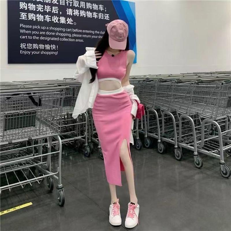 YAN女裝現貨！針織長裙套裝 百搭 素面休閒 長裙套裝 側開叉 顯瘦 基本款 彩色方塊 ootd aifei-細節圖5