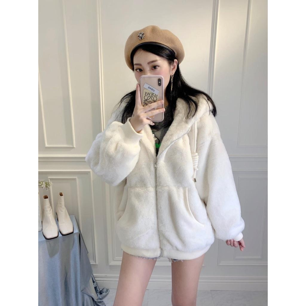 【台灣現貨有實體店面】熊寶寶外套!口袋 中長款 連帽 外套 毛毛外套 熊寶寶外套 百搭 顯瘦 鋪棉 彩色方塊 毛海-細節圖5