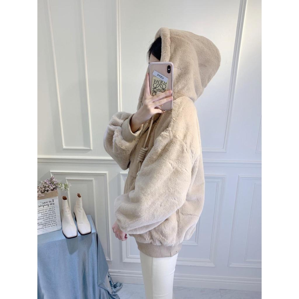 【台灣現貨有實體店面】熊寶寶外套!口袋 中長款 連帽 外套 毛毛外套 熊寶寶外套 百搭 顯瘦 鋪棉 彩色方塊 毛海-細節圖6