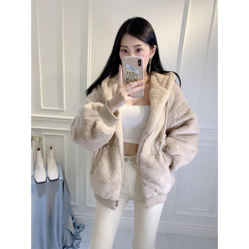 【台灣現貨有實體店面】熊寶寶外套!口袋 中長款 連帽 外套 毛毛外套 熊寶寶外套 百搭 顯瘦 鋪棉 彩色方塊 毛海-細節圖7