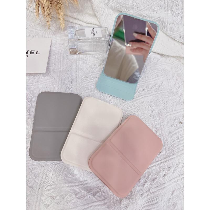 🆈🅰🅽現貨實拍 迷你外出鏡子 ins桌面化妝鏡純色pu皮簡約便攜式高清手持可折疊學生台式梳妝鏡子-細節圖2