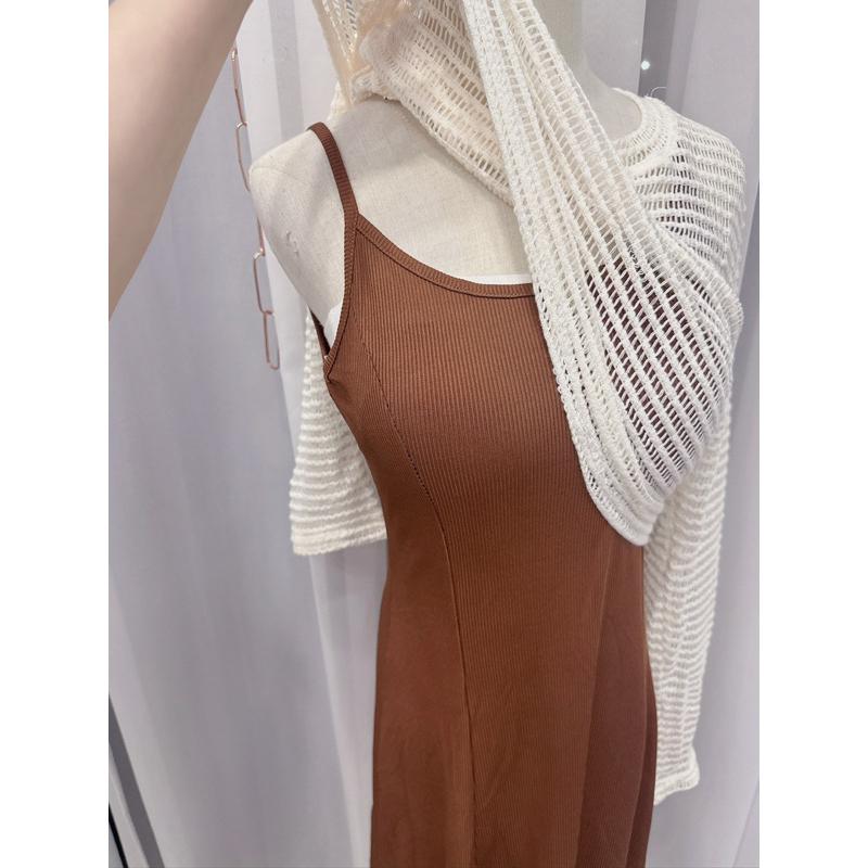 🆈🅰🅽現貨秒出 防曬洞洞薄針織罩衫+細肩A字長洋 孕婦 顯瘦 大尺碼 長裙 長洋 套裝-細節圖2