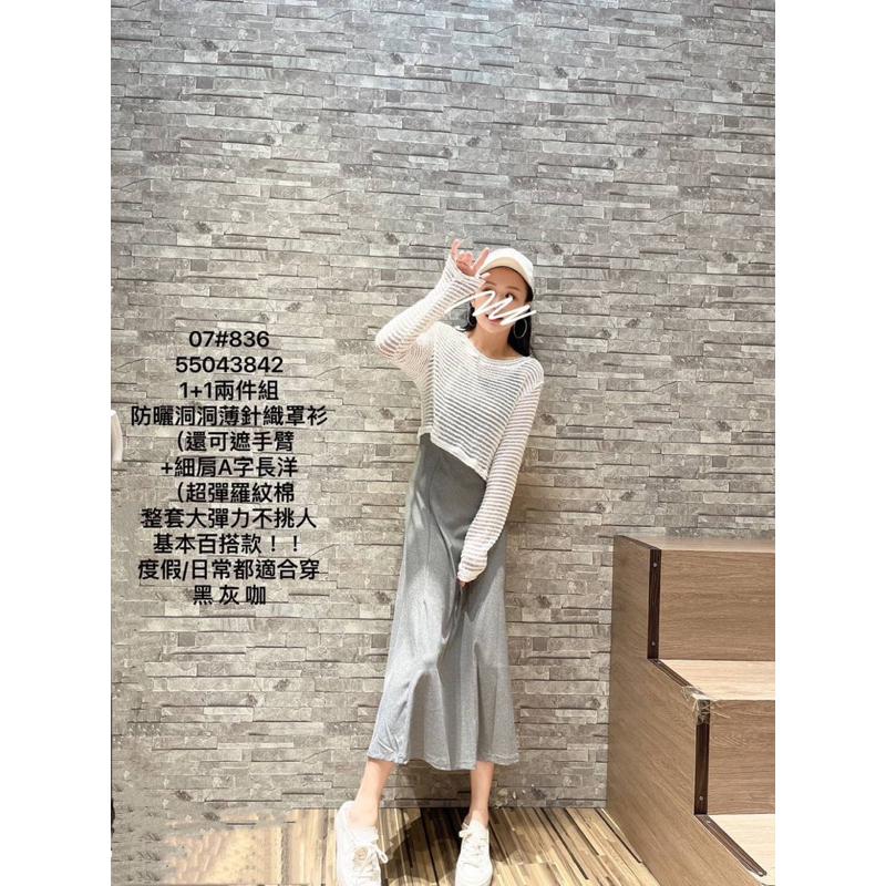 🆈🅰🅽現貨秒出 防曬洞洞薄針織罩衫+細肩A字長洋 孕婦 顯瘦 大尺碼 長裙 長洋 套裝-細節圖4