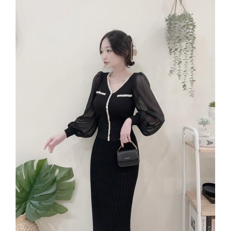 🆈🅰🅽現貨秒出  浪漫小香毛尼滾邊紗袖上衣 杏/白/黑-細節圖2