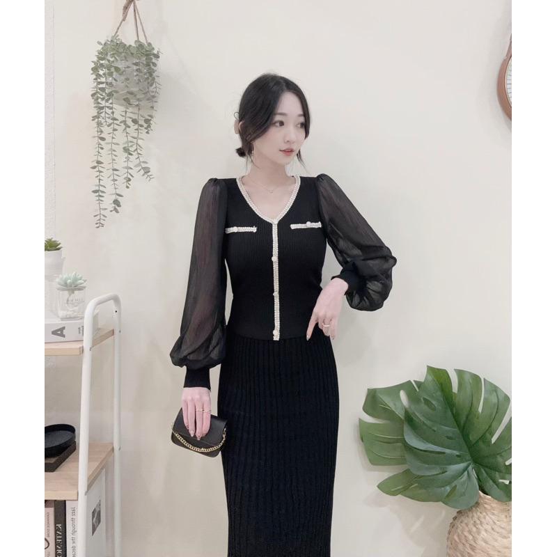 🆈🅰🅽現貨秒出  浪漫小香毛尼滾邊紗袖上衣 杏/白/黑-細節圖3