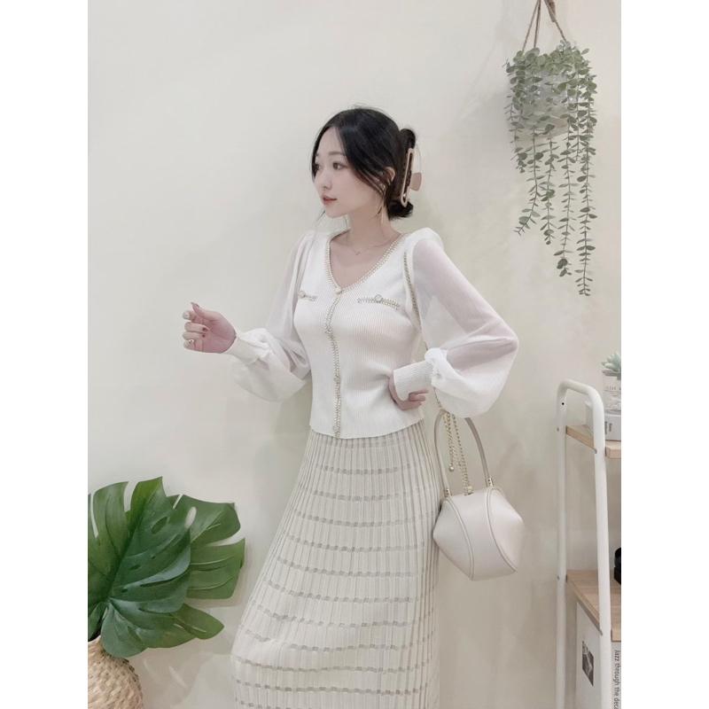 🆈🅰🅽現貨秒出  浪漫小香毛尼滾邊紗袖上衣 杏/白/黑-細節圖4