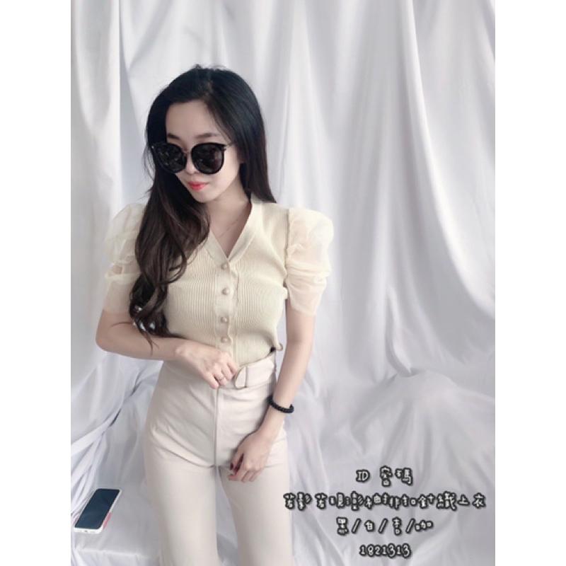 🆈🅰🅽現貨秒出 公主袖網紗薄針織下波浪涼感開釦衣-細節圖3