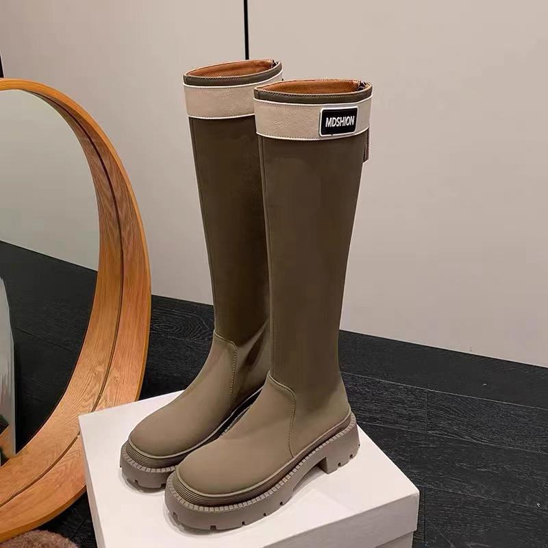 🆈🅰🅽現貨實拍 黑色長靴女2023秋冬新款拼色字母休閒長靴英倫風厚底高筒騎士靴-細節圖8