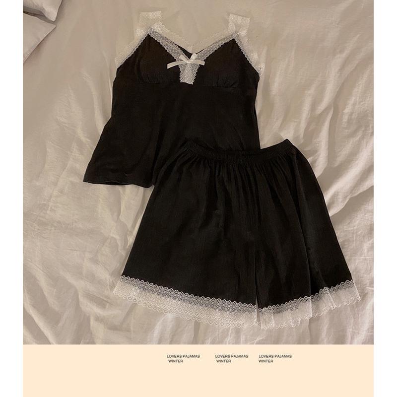 🆈🅰🅽現貨實拍 性感莫帶爾棉套裝 帶胸墊 短褲睡衣 蕾絲睡衣-細節圖4