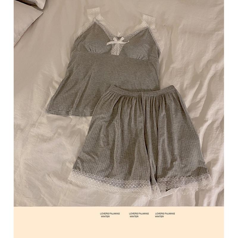 🆈🅰🅽現貨實拍 性感莫帶爾棉套裝 帶胸墊 短褲睡衣 蕾絲睡衣-細節圖7