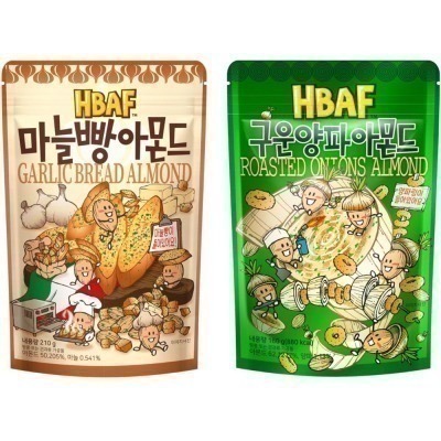 韓國 HBAF 杏仁果與大蒜麵包　杏仁果與洋蔥圈　芥末杏仁果　蜂蜜奶油杏仁果-細節圖2