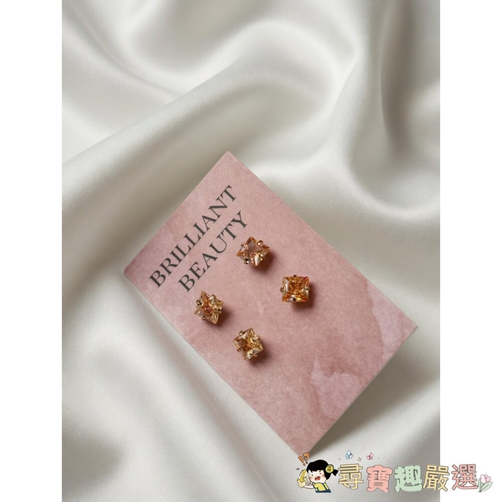 女款  方玫瑰金香檳鋯石鑽50分鈦閃耀不鏽鋼耳環/14K鍍金耳環, 藍色方晶鋯石+白金色現貨-細節圖2