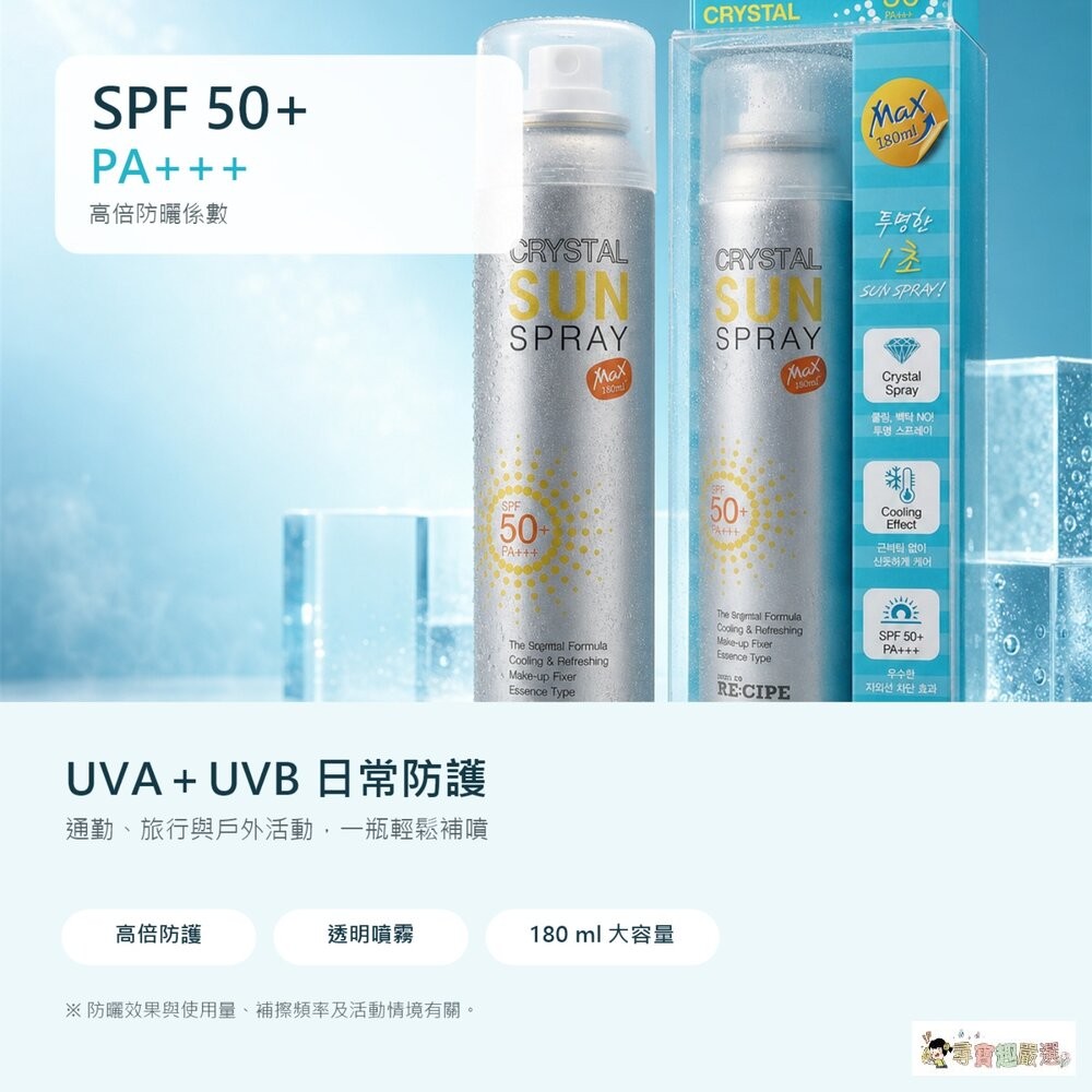 現貨 24h出貨【炎夏必備/第二件半價】RE:CIPE 水晶防曬噴霧 SPF50+(MAX 180ml) (臉部身體適用-細節圖2
