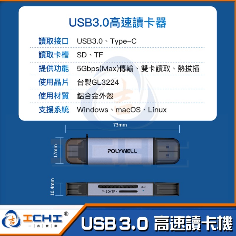 讀卡機 高速讀卡機 USB3.0 SD/TF 高速讀卡機 USB-A Type-C雙插頭 附掛繩 寶利威爾 台灣現貨-細節圖10