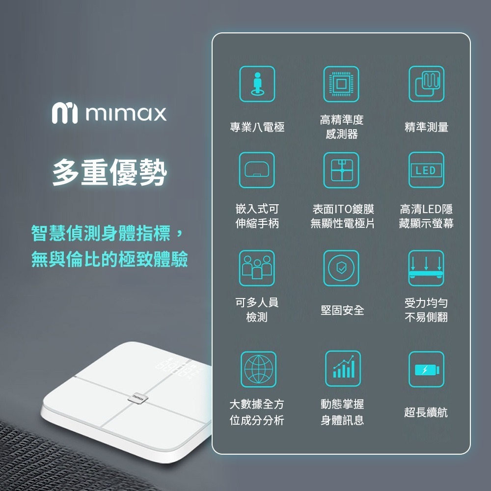 米覓 mimax 八電極體脂秤(藍芽連接 體重計 體脂計 29項人體成分 智能APP)-細節圖5