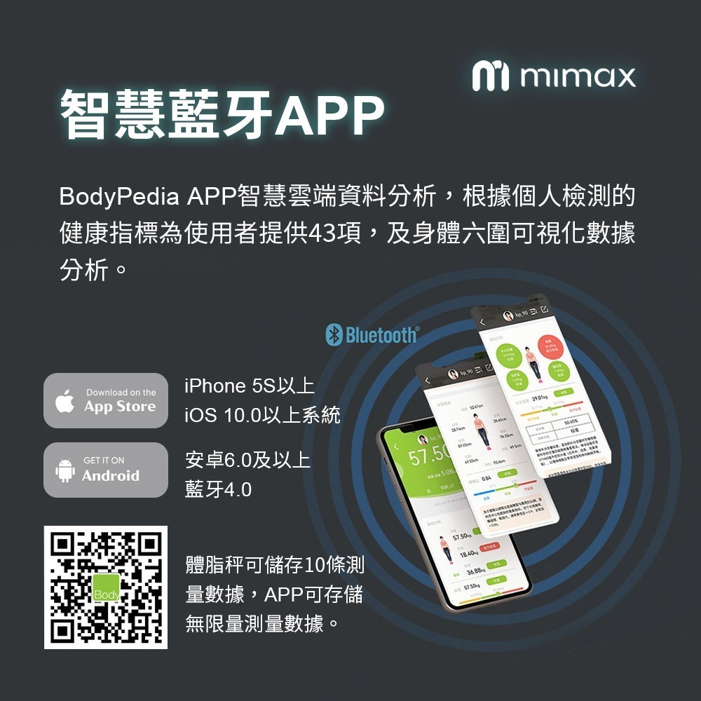 米覓 mimax 八電極體脂秤(藍芽連接 體重計 體脂計 29項人體成分 智能APP)-細節圖6