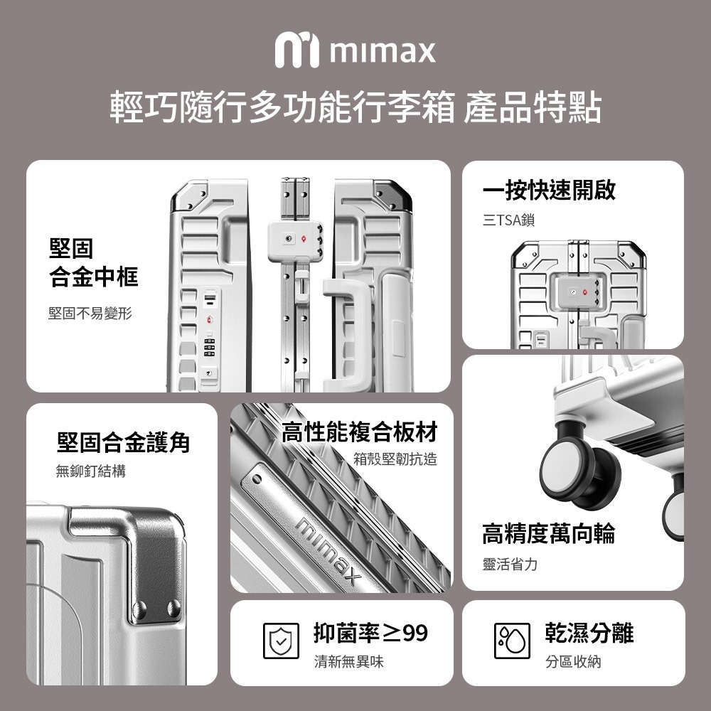 米覓 mimax 輕巧隨行多功能行李箱 18吋(行李箱 拉桿箱 旅行箱 USB充電設計 鋁框)-細節圖2