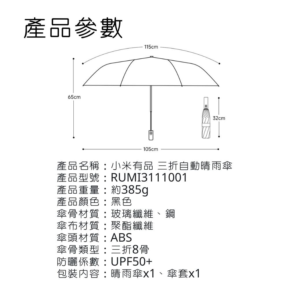 小米有品 日全時三折自動晴雨傘 雨傘 折傘 折疊傘 遮陽不透光 UPF50+ 陽傘 自動傘-細節圖8