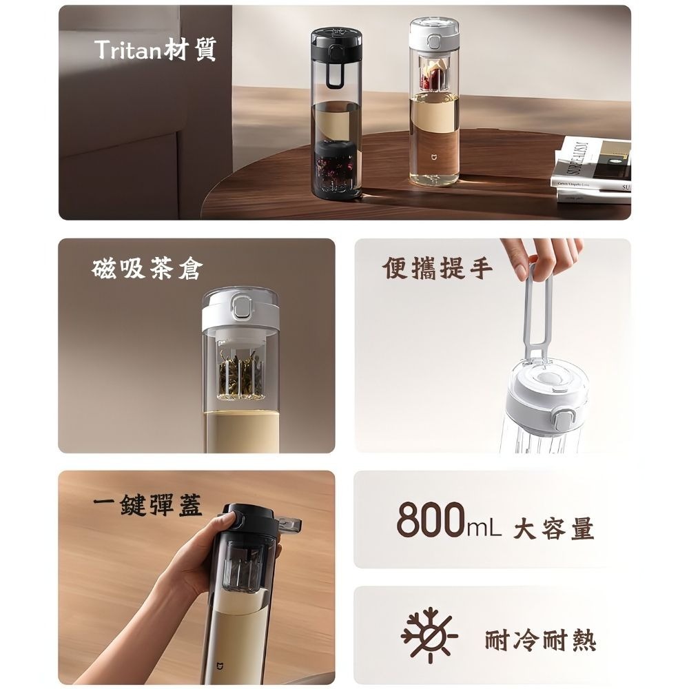 米家磁吸茶倉杯 白色 800ml 運動水壺 水杯 茶水分離 Tritan水杯 泡茶杯 小米 分離杯-細節圖2