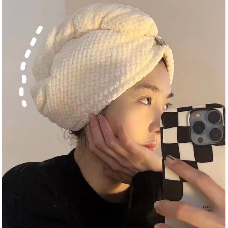 特價 現貨 🐻超吸水  鳳梨格紋 乾髮帽  包頭巾 乾髮巾 頭巾 毛巾 洗頭必備 速乾 浴帽 超吸水 擦頭髮-細節圖2