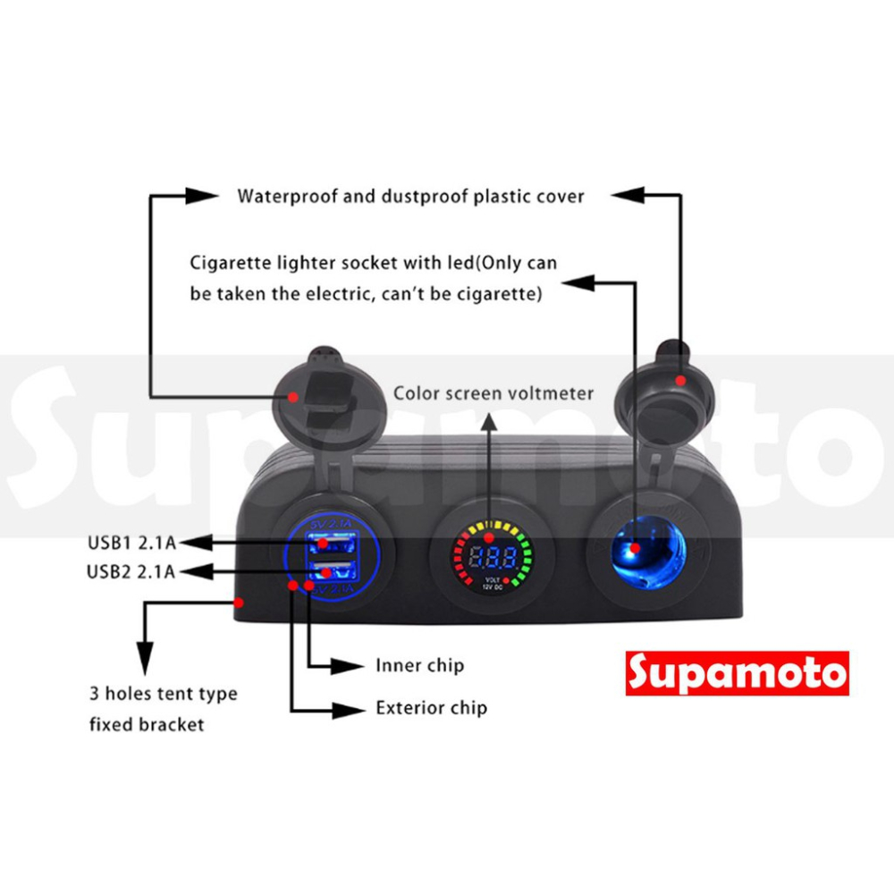 -Supamoto- 整合 車充 電壓 三孔 M款 點菸 雙USB 12V 防水 行動電源 小U 速可達-細節圖2