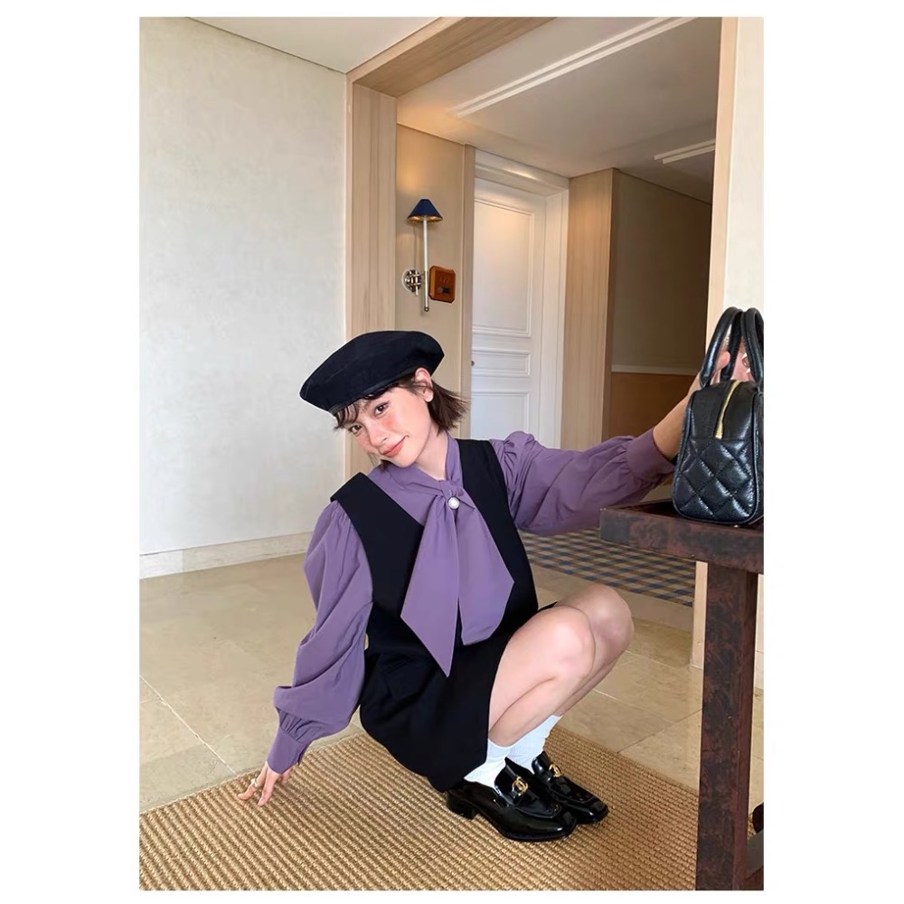 《NEW OPEN》四色優雅珍珠釦圍巾領長袖襯衫-細節圖4