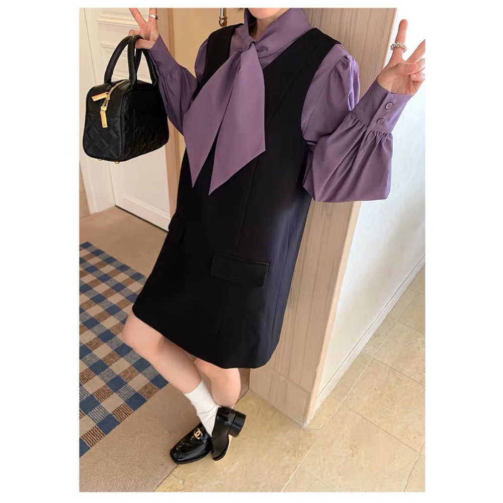 《NEW OPEN》四色優雅珍珠釦圍巾領長袖襯衫-細節圖5