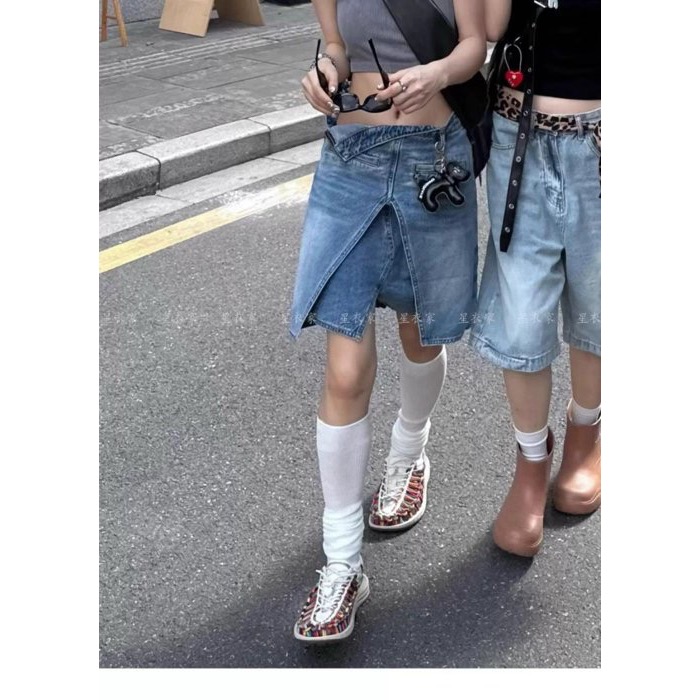 蘿絲車庫：全新 美式復古洗白仿舊 高腰半身裙 牛仔雙層A字裙-細節圖2