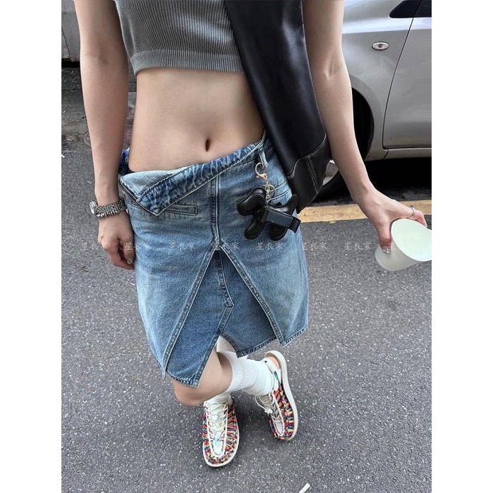 蘿絲車庫：全新 美式復古洗白仿舊 高腰半身裙 牛仔雙層A字裙-細節圖3