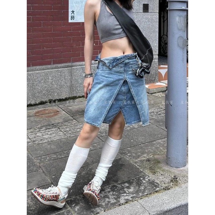 蘿絲車庫：全新 美式復古洗白仿舊 高腰半身裙 牛仔雙層A字裙-細節圖4