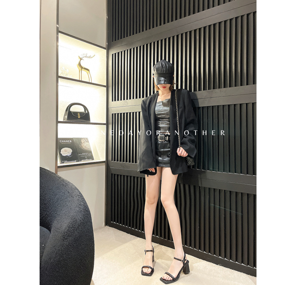 顯白顯瘦♥️素面釦環高跟露趾涼鞋 方頭涼鞋 細帶一字涼鞋 極簡 線條 露趾粗跟繫踝 繞腳踝涼鞋 氣質高跟中跟涼拖鞋 百搭-細節圖6