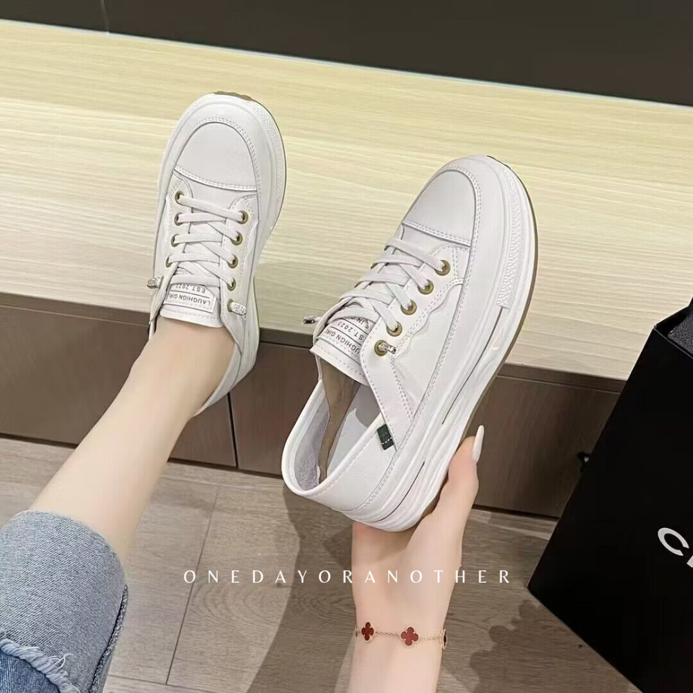 可腳踩♥️免綁鞋帶皮革小白鞋 超軟底 韓版 兩穿鞋 懶人鞋 小白鞋 小黑鞋 一腳蹬懶人鞋 兩穿休閒穆勒鞋 AC216-細節圖5